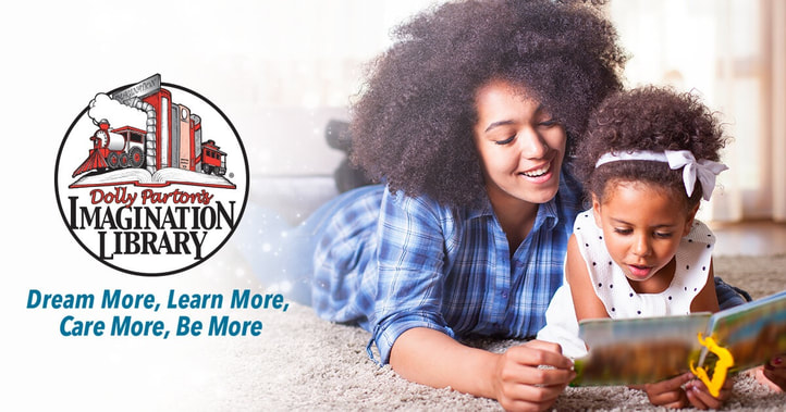 An adult and a young child reading a book together. To the left is the logo for Dolly Parton's Imagination Library and text reading "Dream More, Learn More, Care More, Be More."