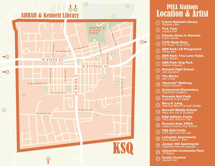 A map of Kennett Square showing the locations of 21 PULL stations, which are listed to the right of the map along with the names of artists who decorated them.