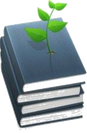Logo for Helping Hands Books, featuring a stack of books with a green vine emerging from them.