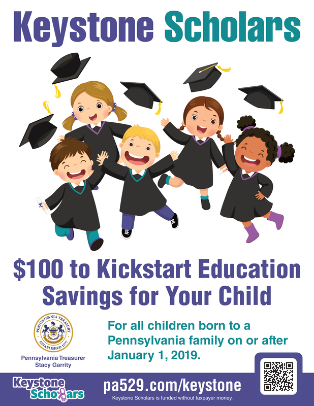 An illustration of five children in graduation outfits, smiling and throwing their caps in the air.  Text reads: 'Keystone Scholars. $100 to Kickstart Education Savings for Your Child. For all children born to a Pennsylvania family on or after January 1, 2019. pa529.com/keystone. Keystone Scholars is funded without taxpayer money.' The seal of the Pennsylvania Treasury appears in the lower left along with the name of the Pennsylvania Treasurer, Stacy Garrity. A QR code is in the lower right.
