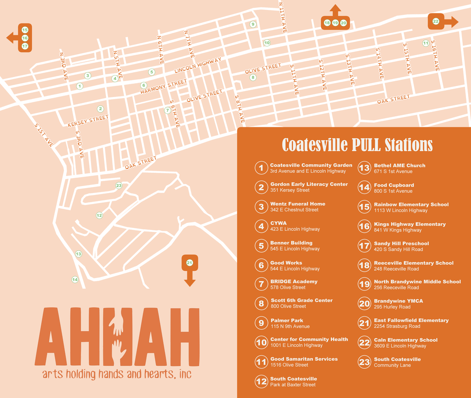 A map of Coatesville showing the locations of 22 PULL stations, which are listed in the lower right corner of the map.